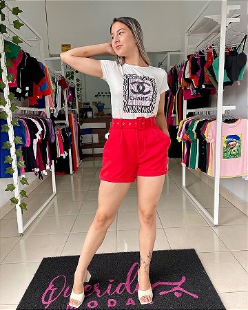 Shorts Alfaiataria Social Tradicional Vermelho Cintura Alta Cinto