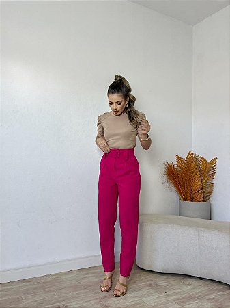 Calça Alfaiataria Linho Social Cintura Alta Com Cinto