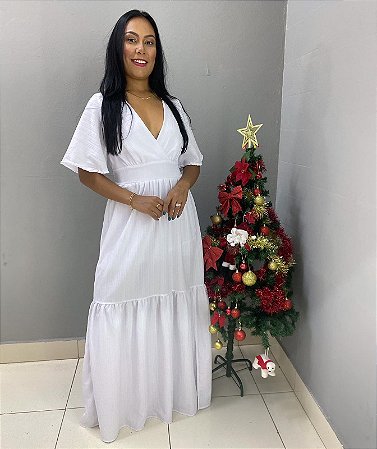 Vestido Longo Branco Manga Média Com Forro
