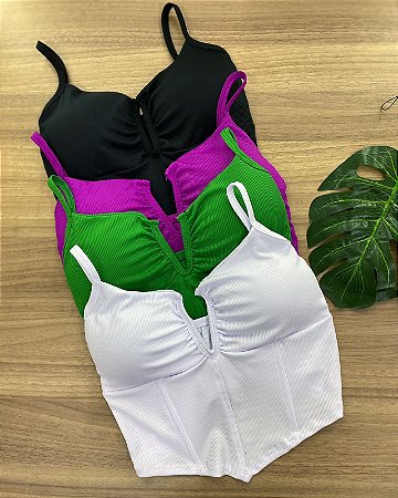 Cropped Ribana Decote V Com Bojo Alça Fina
