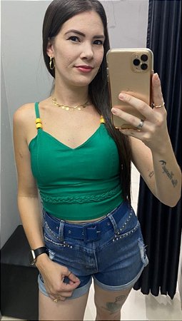 Cropped Alça Bengaline Bojo Alça Bolinhas e Trança na Cintura