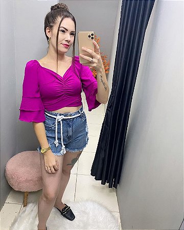Cropped Manga Princesa Com Bojo e Amarração Nas Costas Moda Blogueira