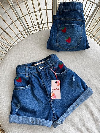 Shorts Jeans Destroyed Barra Morango