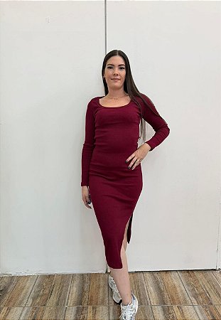 Vestido Ribana Recorte U Manga Longa Vinho