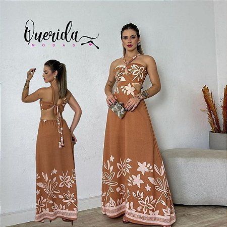Vestido Floral Longo Bege
