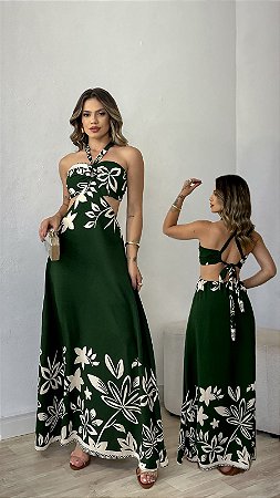 Vestido Floral Longo Verde Militar