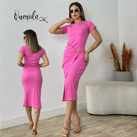 Vestido Ribana Manga Detalhe Rosa