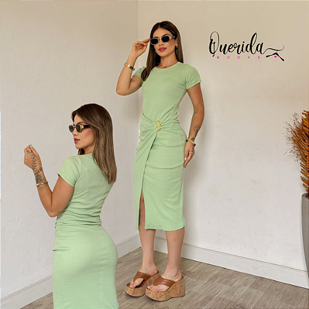 Vestido Ribana Manga Detalhe Verde