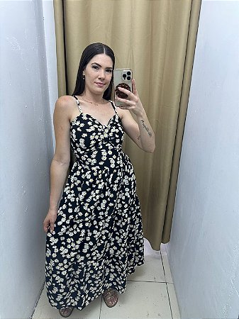 Vestido Midi Floral fechado Preto