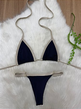 Biquini Fita Duplo Azul marinho Alça Cinza