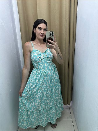 Vestido Midi Floral fechado Verde água