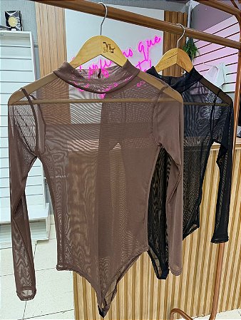 Body Tule Manga longa Marrom Chocolate