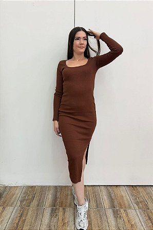 Vestido Ribana Recorte U Manga Longa chocolate