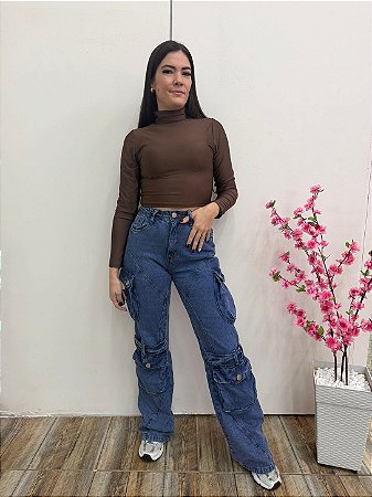 Calça Jeans Wide Leg Cargo Utilitária Poderosa– Lavagem Azul Escura