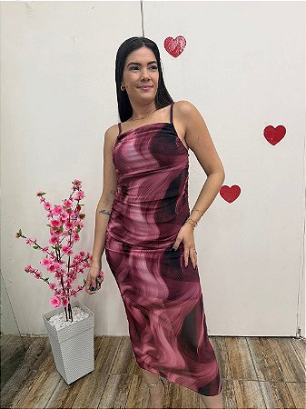 Vestido Midi em Tule Drapeado Estampa Abstrata – Sem Bojo