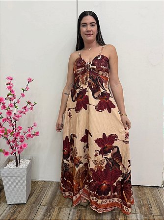 Vestido Tropical Amarração Bege/vinho