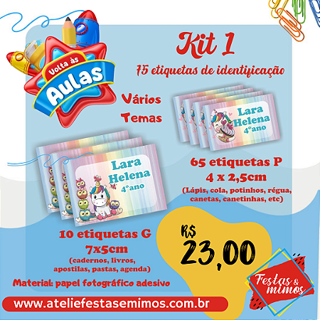 Kit etiquetas escolares com  75 unidades