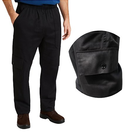 Calça Cargo Profissional em Brim com 6 Bolsos e Elástico