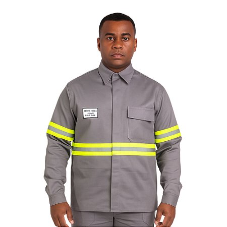 Jaleco NR 10  Anti-Chama Cinza com faixa refletiva amarela