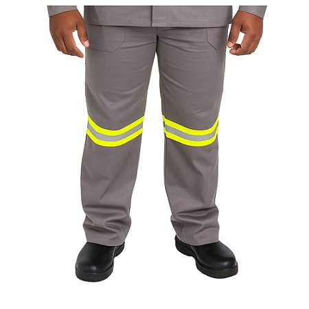 Calça NR 10 anti-chama Cinza  com faixa refletiva amarela