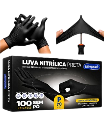 Luva Nitrilica Preta Sem Pó c/ 100 Unidades - CA 49110