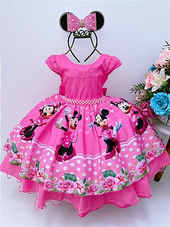 VESTIDO INFANTIL MINNIE ROSA CHICLETE CINTO DE PÉROLAS LUXO
