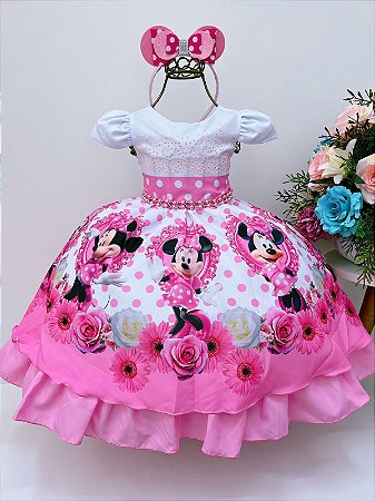 VESTIDO INFANTIL MINNIE ROSA BOLINHAS PÉROLAS C/ TIÁRA