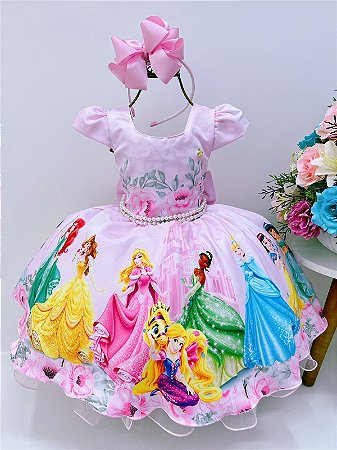 VESTIDO INFANTIL PRINCESAS ROSA LUXO FESTA ANIVERSÁRIO TIARA
