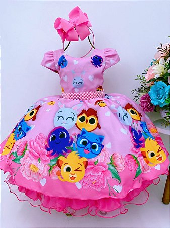 Vestido Infantil Bolofofos Rosa Flores Cinto Pérolas Luxo Super luxo festa RO028BF