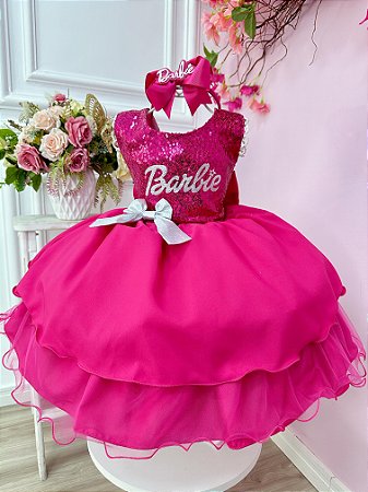 Vestido Infantil Barbie Pink Busto Paetê e Broche de Lacinho super luxo festa  RO3355PD12