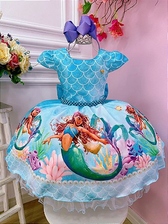 Vestido Infantil Princesa Ariel Sereia Peito Escamas Filme Super luxo festa RO3277AZ12