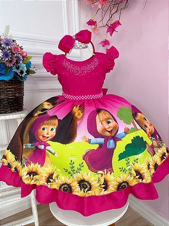 Vestido Infantil Masha e o Urso na Floresta C/ Tiara Strass Luxo Festa RO1011PK