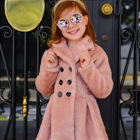 Casaco Sobretudo Infantil Pelúcia Forrado Rosé Luxo Festa RO2024CSR