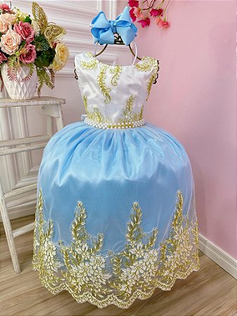 Vestido Infantil Branco Com Azul e Renda Realeza Daminhas RO2227BZ
