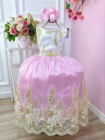 Vestido Infantil Branco Com Rosa e Renda Realeza Daminhas luxo RO2227BR