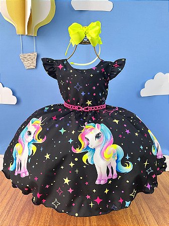 Vestido Infantil Preto Unicórnio Neon Festas Aniversários Luxo Festa
