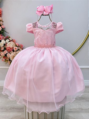 Vestido Infantil Rosa Claro com  Renda e Pérolas Festas Daminhas Luxo Festa