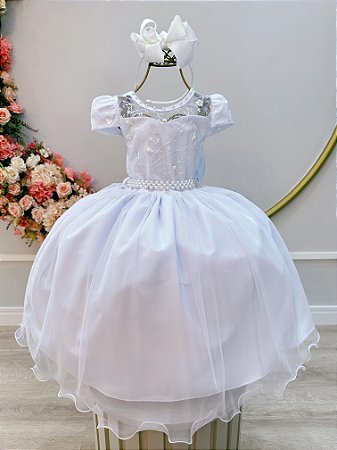 Vestido Infantil Branco com Renda e Pérolas Festas Daminhas Luxo Festa