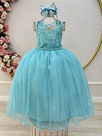 Vestido Infantil Longo Verde com Renda e Pérolas Daminhas Luxo Festa RO4341VZ