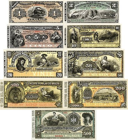 9 Belas Réplicas Cédulas de Reis do Banco de Crédito Popular do Brasil