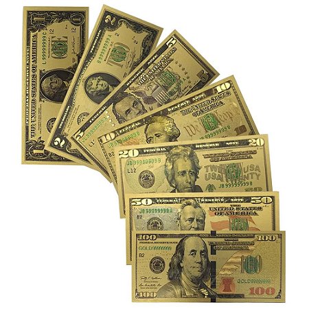 Cédulas de Dolar Douradas Kit com 07 Unidades - Réplica Em Nylon