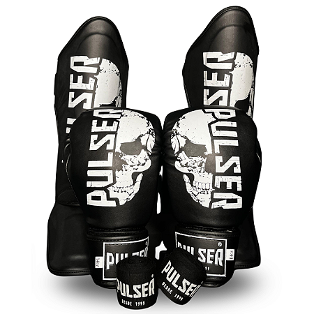 KIT MUAY THAI CAVEIRA COMPLETO | LUVA 14oz + CANELEIRA M + ATADURA 4 METROS PULSER