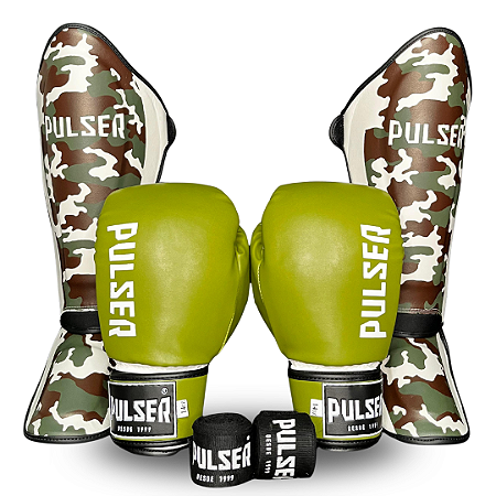 KIT MUAY THAI CAMUFLADO | LUVA 14oz + CANELEIRA G + ATADURA 4 METROS PULSER