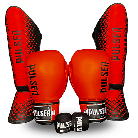 KIT MUAY THAI LARANJA | LUVA 14oz + CANELEIRA M + ATADURA 4 METROS PULSER