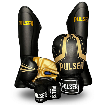 KIT MUAY THAI DOURADO | LUVA 16oz + CANELEIRA G + ATADURA 4 METROS PULSER
