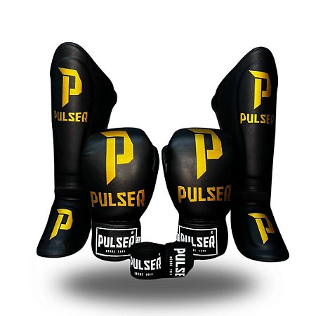 KIT MUAY THAI P DOURADO | LUVA 12 OZ + CANELEIRA G + ATADURA 4 METROS PULSER