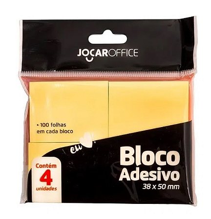 BLOCO ADESIVO AMARELO 38MM X 50MM 4 BLOCOS 100fls JOCAR OFFICE