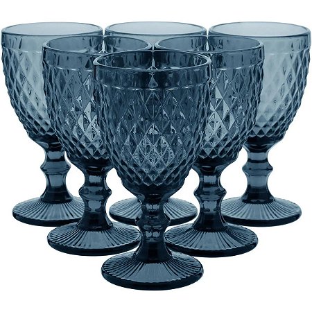 Jogo de 6 Taças Água de Vidro Azul Luxo Para Cozinha 330ml