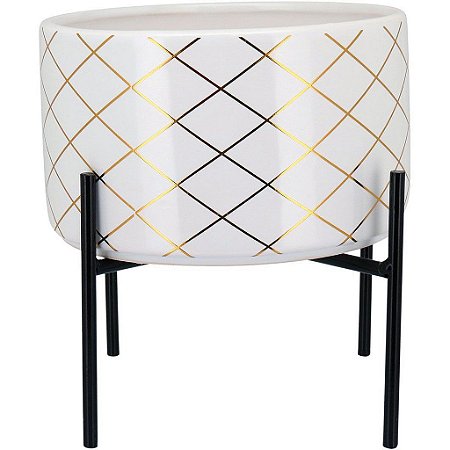 Vaso Para Jardim Cachepô de Cerâmica Branco Com Suporte 19cm