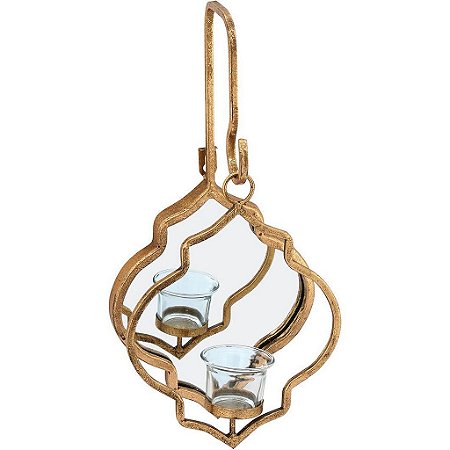 Castical Candeia Pendente 32x22cm em Vidro e metal Dourado